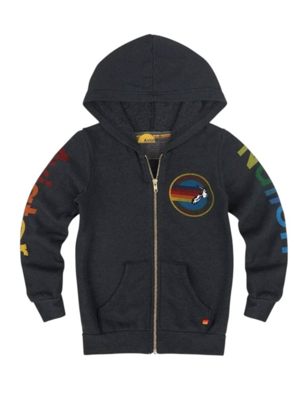 Aviator Nation Kids Charcoal Zip Hoodie with Rainbow Sleeve Graphics